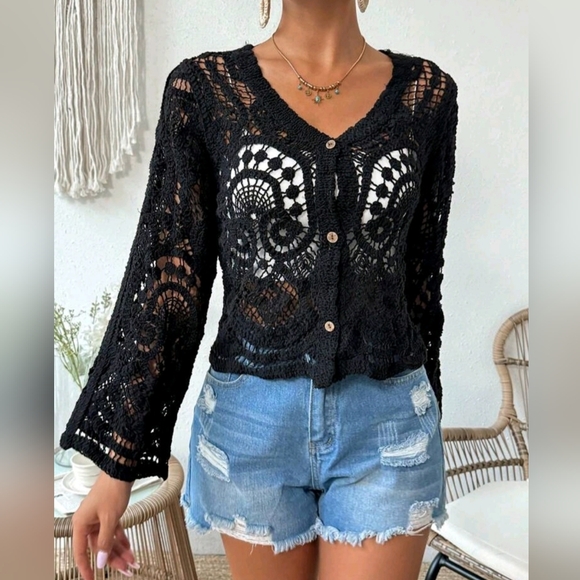 NWOT Black Crochet Button-Front Cardigan 🖤 - Picture 3 of 8